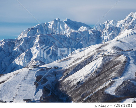 岩岳スノーフィールド山頂から白馬八方尾根スキー場と鹿島槍ヶ岳の遠望 72931801
