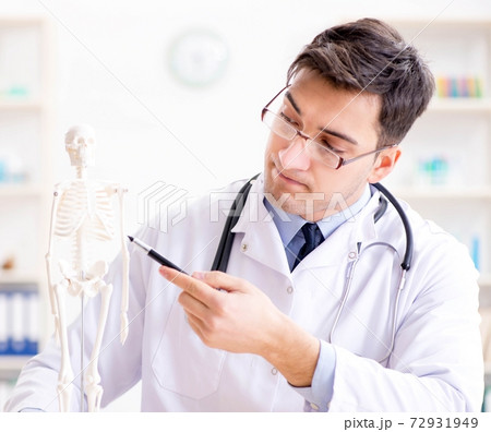 Doctor explaining human body on skeleton 72931949