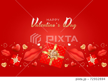Valentine's Day Background Design with Realistic Lips and Heart, gift box. Template for advertising, web, social media and fashion ads. Poster, flyer, greeting card. Vector Illustration 72932694