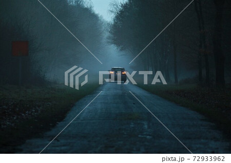 Asphalt road after the rain in the evening in the fog Asphalt road after the rain in the evening in the fog 72933962