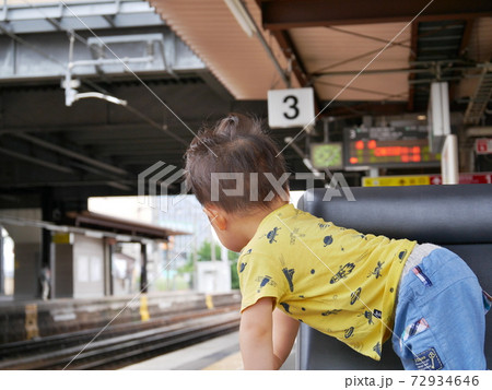 線路をのぞき込む幼児 72934646