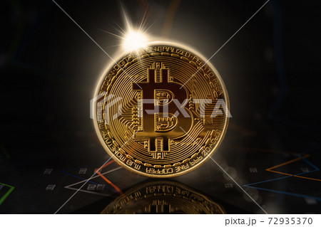 Sunrise behind gold bitcoin standing on financial graphs for cryptocurrency prices Sunrise behind gold bitcoin standing on financial graphs for cryptocurrency prices 72935370