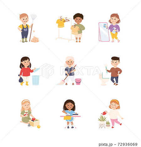 Kid Helping their Parents with Housework Set, Boys and Girls Doing Household Chores, Mopping Floor, Ironing Clothes, Raking Leaves Cartoon Style Vector Illustration 72936069