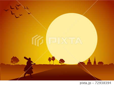 sunset landscape and country life with a man lead buffalo around with tree.countryside of east lifestyle sunset landscape and country life with a man lead buffalo around with tree.countryside of east lifestyle 72938394
