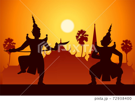traditional dance drama art of Thai classical masked.Thai ancient literature performance,Ramayana,king ready to fight with king of giant,silhouette style,scenery background traditional dance drama art of Thai classical masked.Thai ancient literature performance,Ramayana,king ready to fight with king of giant,silhouette style,scenery background 72938400