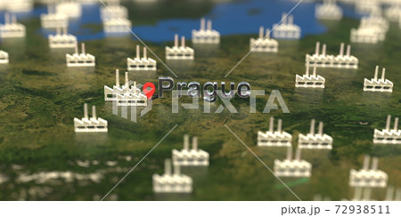 Factory icons near Prague city on the map, industrial production related 3D rendering 72938511