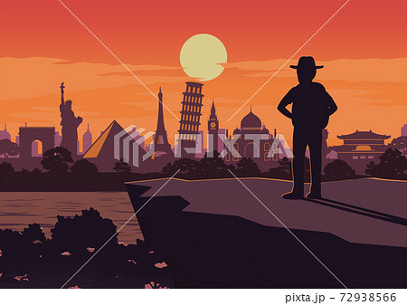 adventurer stand on cliff and look to world landmark ahead on sunset time,silhouette design adventurer stand on cliff and look to world landmark ahead on sunset time,silhouette design 72938566