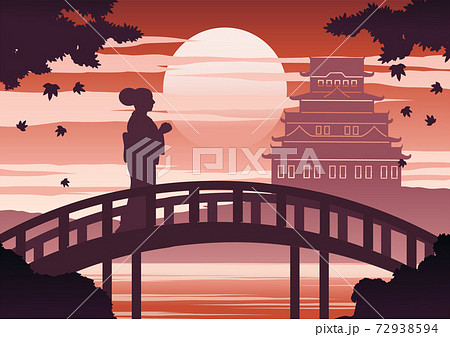 japan woman in kimono dress stand on bridge near castle on sunset time while maple fall,silhouette light and shadow design 72938594