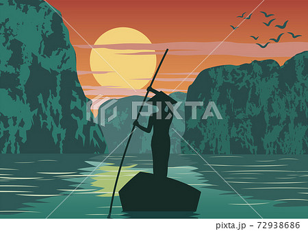 man row boat to go to come back home by pass Ha long bay famous landmark of Vietnam ,vintage color 72938686