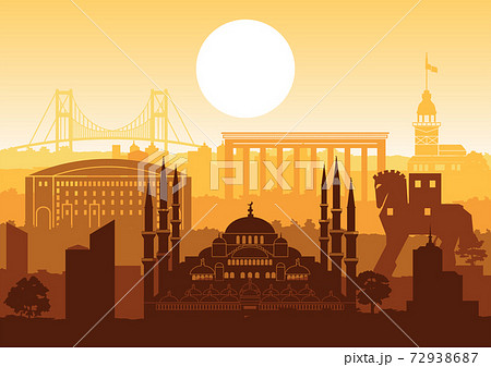 Turkey famous landmark silhouette style with row design on sunset time,vintage color 72938687