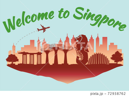Singapore famous landmark silhouette style on float red island and green country name text,travel and tourism 72938762