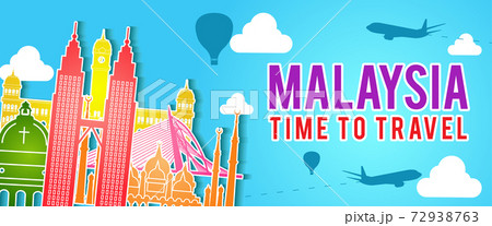 banner of Malaysia famous landmark silhouette colorful style,plane and balloon fly around with cloud 72938763