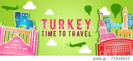 green banner of Turkey famous landmark silhouette colorful style,plane and balloon fly around with cloud green banner of Turkey famous landmark silhouette colorful style,plane and balloon fly around with cloud 72938910
