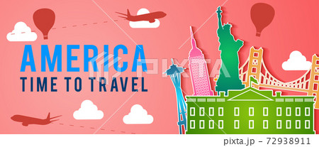 red banner of united state of america famous landmark silhouette colorful style,plane and balloon fly around with cloud red banner of united state of america famous landmark silhouette colorful style,plane and balloon fly around with cloud 72938911