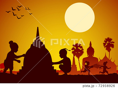 Childrean throw water each other and build sand pagoda in Song kran day famous festival of Thailand Loas Myanmar and Cambodia,new year,silhouette design 72938926