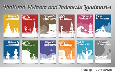 Thailand Vietnam and Indonesia famous landmark and symbol in silhouette design with multi color style brochure set 72938986