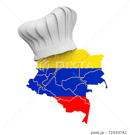 Columbian national cuisine concept. Chef hat with map of Columbia. 3D rendering 72939782