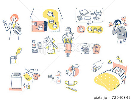 感染症予防対策 自宅療養イメージ セットのイラスト素材 感染症予防対策 自宅療養イメージ セットのイラスト素材