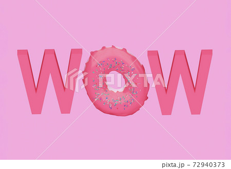 Pink WOW donut. Colored word WOW, 3d illustration 72940373