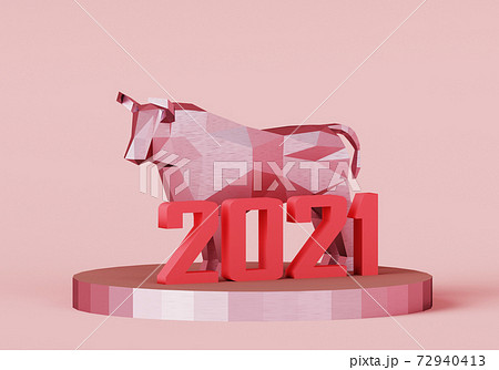 figurine of a low poly Pink Bull on a stand with red number 2021, a symbol of the new year, 3d render figurine of a low poly Pink Bull on a stand with red number 2021, a symbol of the new year, 3d render 72940413