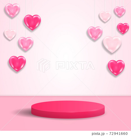 Realistic round luxury display podium mockup. Valentine day scene with pink hearts and cylinder platform for product show. Vector illustration of pedestal for romantic gift 72941660