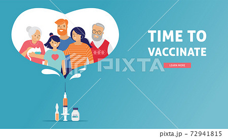 Family Vaccination concept design. Time to vaccinate banner - syringe with vaccine for COVID-19, flu Family Vaccination concept design. Time to vaccinate banner - syringe with vaccine for COVID-19, flu 72941815