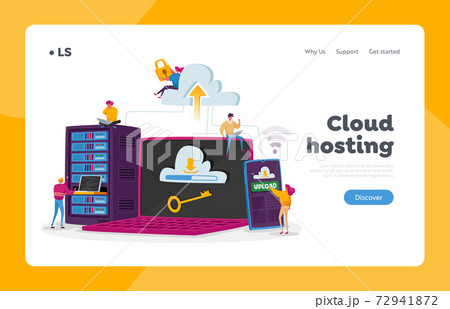 Web Hosting Landing Page Template. Tiny Characters at Laptop, Phone and Server Equipment. Web Programming, Cloud Storage 72941872