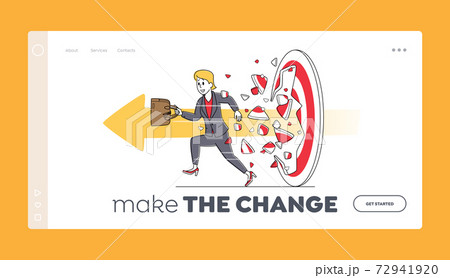 Businesswoman Breaking Through Huge Target Landing Page Template. Business Aim Mission, Challenge, Task Solution 72941920