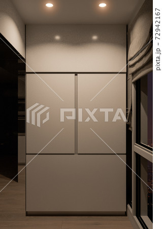 3d render of a kitchen cabinet for making coffee, night interior background. Modern interior design 72942167