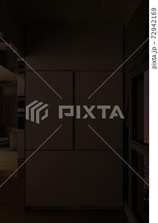 3d render of a kitchen cabinet for making coffee, night interior background. Modern interior desig 72942169