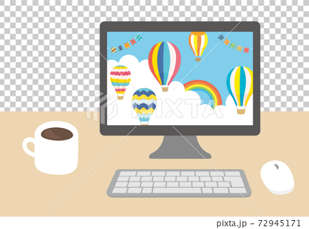 デスクトップパソコンとコーヒーのイラスト 気球と青空の壁紙 のイラスト素材