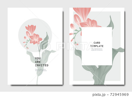 Botanical invitation card template design, red freesia flowers with leaves 72945969