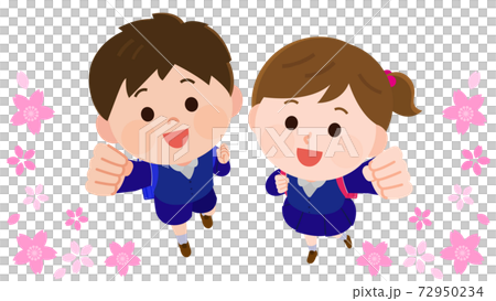 俯瞰　頑張るポーズの制服の男の子と女の子　桜フレーム　イラスト 72950234