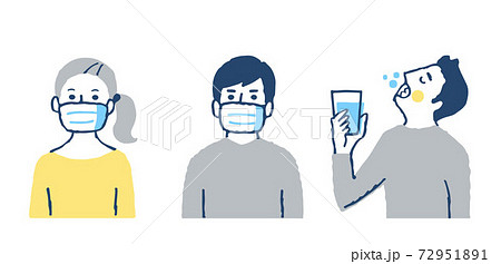 マスクをしている男女 うがいする男性 マスクをしている男女 うがいする男性 72951891