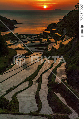 玄界灘の赤い夕日に照らされた佐賀県浜ノ浦棚田の写真素材