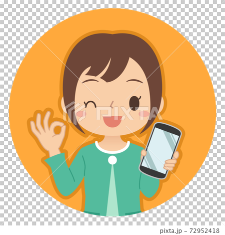 一個女人抱著一個好的跡象的智能手機的插圖圖標 一個女人抱著一個好的跡象的智能手機的插圖圖標 72952418