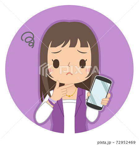 悩み顔でスマホを持つ女性 イラスト アイコンのイラスト素材