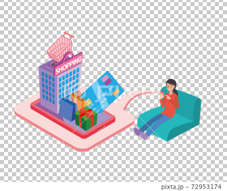 Woman sitting on the couch and shopping online Woman sitting on the couch and shopping online 72953174