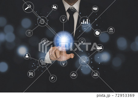 Photo Businessman touchscreen on the graph Screen Icon of a media screen, Technology Process System Business with Communication and marketing concept. 72953369