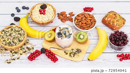 Group Fruits Breakfast with bread Whole grains and nuts, yogurt mix with Cherry , banana, avocado in the wooden table. Breakfast for Health and Diet concept 72954041