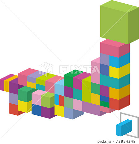 カラフルなキューブで構成されたグラフィカルな日本地図のイラスト素材