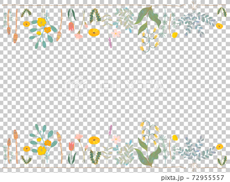 手描き水彩風春のオシャレなお花と葉っぱのかわいい植物イラスト白バックフレームのイラスト素材