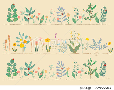 春の優しい色使いのオシャレな植物やお花の列に並んでいるイラストのイラスト素材