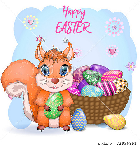 Cute cartoon squirrel with beautiful eyes holds an Easter egg, card for Easter 72956891