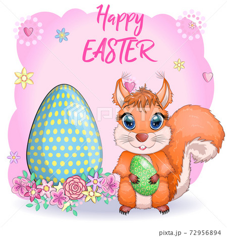 Cute cartoon squirrel with beautiful eyes holds an Easter egg, card for Easter Cute cartoon squirrel with beautiful eyes holds an Easter egg, card for Easter 72956894