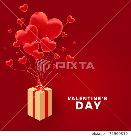Happy valentine day background design. Red realistic 3d bauble love shape and paper surprise gift flying on red background. Love is banner. Horizontal minimal poster, greeting card, header for website Happy valentine day background design. Red realistic 3d bauble love shape and paper surprise gift flying on red background. Love is banner. Horizontal minimal poster, greeting card, header for website 72960359