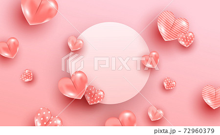 Happy valentines day romantic greeting card with realistic flying pink hearts on pink background. Horizontal poster, flyer, greeting card, header for website 72960379