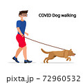 Man in white medical protective mask and medical gloves, walking with their dog. Coronavirus quarantine vector illustration. 72960532