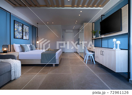 Modern blue interior small studio apartment with bedroom, kitchen, living room in single space. Contemporary Scandinavian loft style hotel flat with white and wooden furniture 72961126