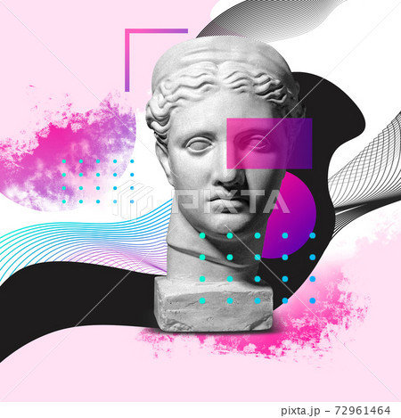 Contemporary art collage with antique statue head in a surreal style. Contemporary art collage with antique statue head in a surreal style. 72961464